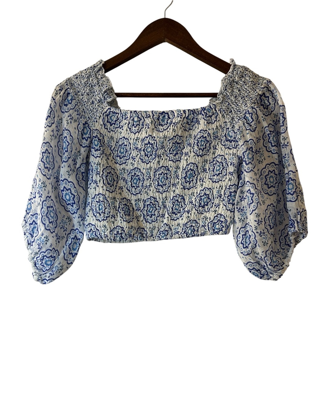 Temptation Positano Blue & White 100% Linen Smocked Puff Sleeve Crop Top Women’s - Picture 3 of 10